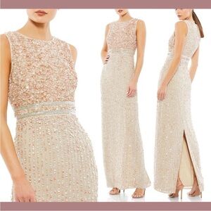 NWT Mac Duggal 93603 Nude Sequined High Neck Sleeveless Column Gown Sz 12